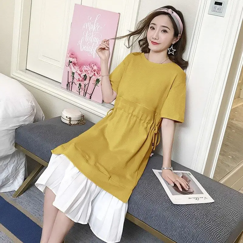 

Nursing Small round Neck Jersey Dress Women's Joint Fashion Solid Color Mid-length Vintage Tops Short Sleeve Summer Wear