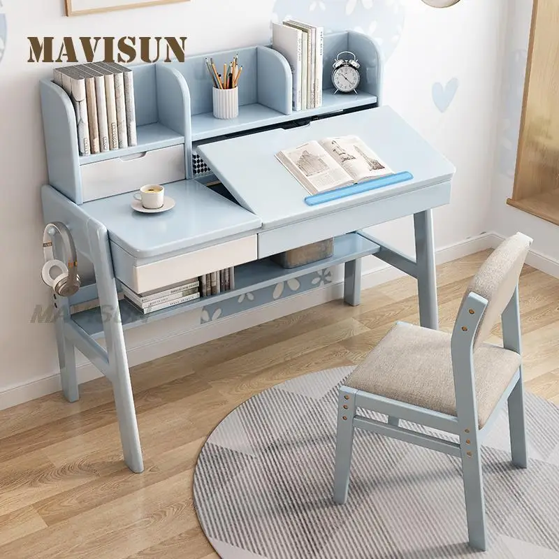Children's Solid Wood Desk Primary School Pupils Study Pink Desk Girl Loves Home Reading With Bookshelf One Table