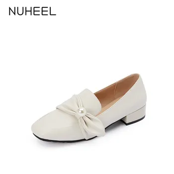 

NUHEEL women's shoes bow pearl accessories retro pumps new spring wild square head low heel net red loafers women