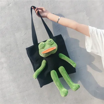 

Sad Frog Cartoon Art Personality Canvas Shoulder Bags For Women Girls Cute Plush Doll Portable Messenger Book Shopping Bag