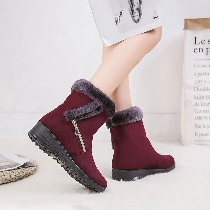 Зимняя повседневная обувь с круглым носком; коллекция года; однотонные плюшевые ботильоны; женская теплая зимняя обувь; zapatos de mujer; женские зимние ботинки - Цвет: Wine Red 3