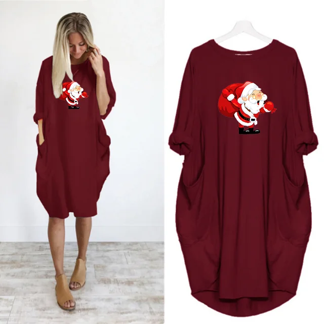 Navidad Women Dress Christmas Pocket Casual Loose Vintage Party Fall Clothes Santa Claus Kawaii Womens  Dresses D002M543 Red
