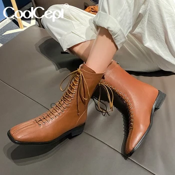 

CoolCept Women Real Leather Ankle Boots Fashion Cross Strap High Heel Winter Shoes Woman Zipper Street Footwear Size 33-40