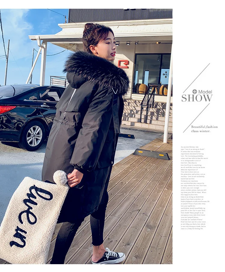 Winter jacket women Korean Version Mid-long Three-dimensional Pocket Large Hair Collar Down Cotton Clothes