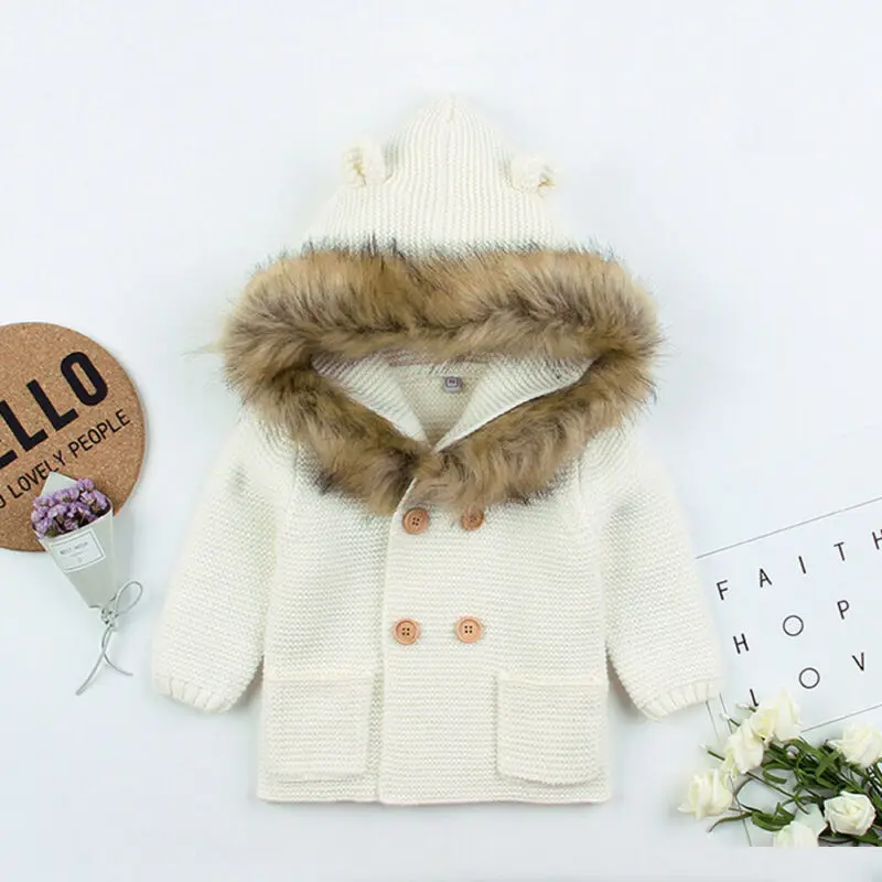 Новинка года, модный детский свитер, пальто милое вязаное пальто с капюшоном и меховым воротником для малышей осенне-зимняя теплая одежда для маленьких мальчиков и девочек
