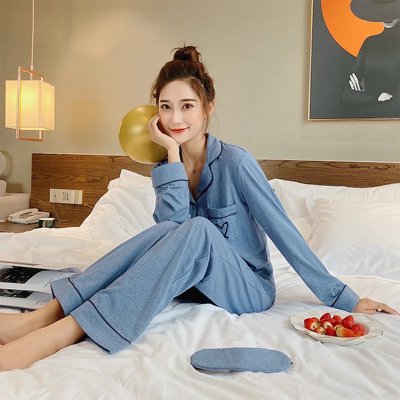 Color Cotton Long Sleeve Womens Pajama Suit Women Clothes Autumn Solid Full Length Pajamas Loungewear Two Piece Sleepwear