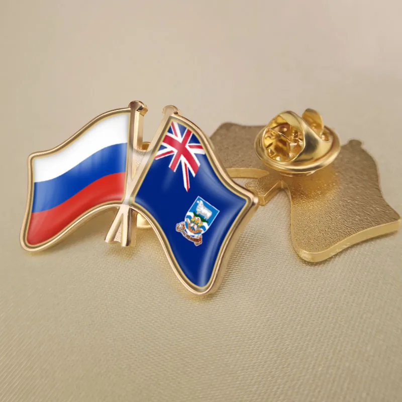 

Russian Federation and Falkland Islands Crossed Double Friendship Flags Lapel Pins Brooch Badges