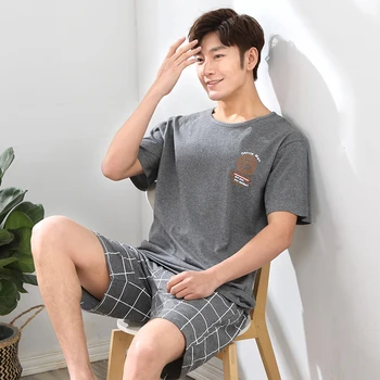 

Men's Pajamas Set Summer Loose Leisure Elastic Waist Men Sleepwear Cotton Man's Short Sleeve Grey T-shirt+striped shorts Outwear