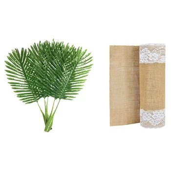 

5 Pcs Artificial Plant Leaves Green Single Leaf Palm & 1 Pcs Table Runner Jute Canvas Lace Table Decoration Mat