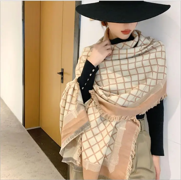 beige khaki Новинка, плотное одеяло, брендовая дизайнерская Пашмина, ромбовидная кисточка, шаль, Женская Роскошная имитация кашемира, шарф и шаль - Цвет: beige khaki