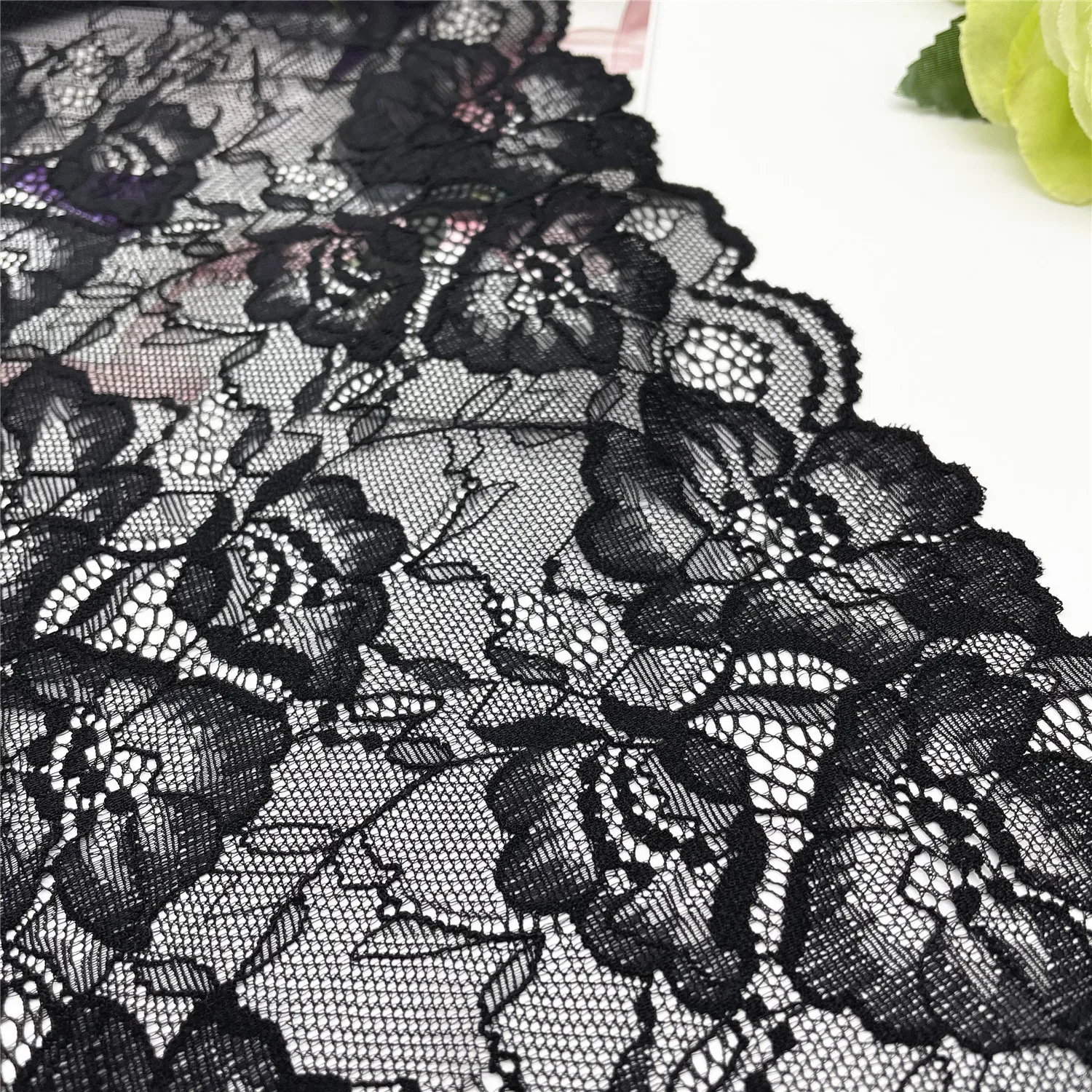 3y/lot Width 18.50cm Floral Stretch Lace Trims Black 2