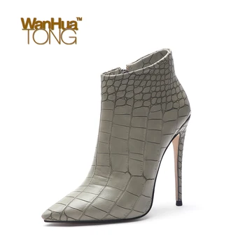 

Wanhuatong Winter Fashion Stone Pattern Pointed Toe Stiletto Heel Elegance Sexy Business Ankle Boots