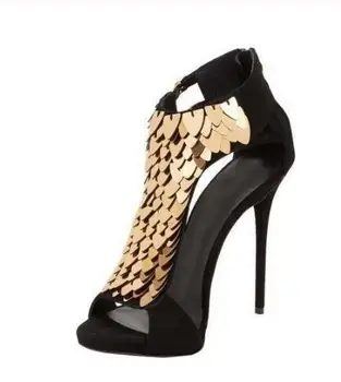 

Women Black Red Flock Leather Sexy Gold Sequin-Embellished Sandals Summer Peep Toe Back Zipper Hollow Out High Heel Shoes