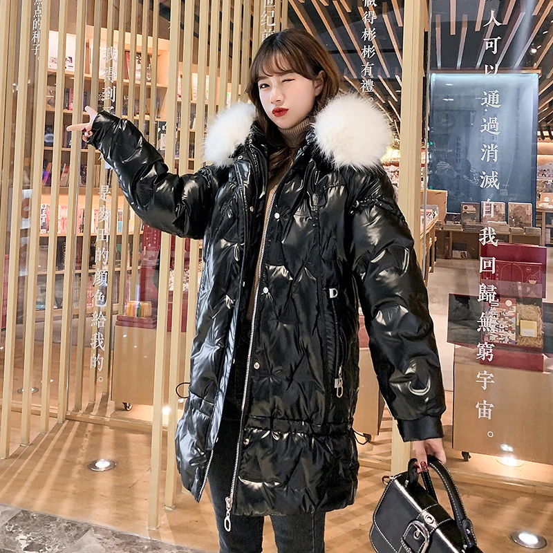 2020 Winter Long Shiny Jacket For Women Solid Plus Size Hooded Parkas Korean Style Fur Collar Thick Outwear Coats Chaqueta Mujer