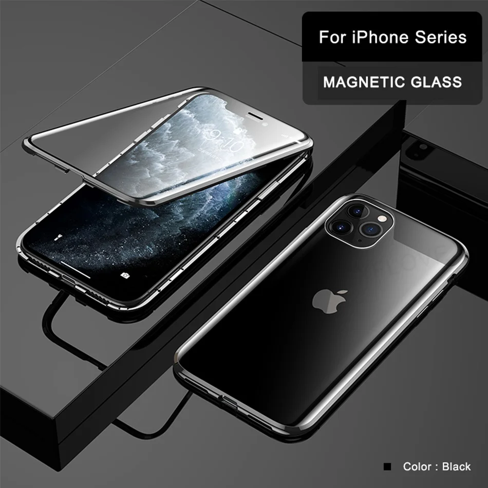 Black Металлический чехол для iPhone 6 7 8 Plus X XS XR MAX чехол Магнитный 360 противоударный Закаленное стекло чехол для Apple iPhone 11 Pro Max чехлы - Цвет: Black