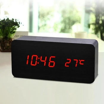

Multicolor Sound Control Wooden Wood Square Led Alarm Clock Desktop Table Digital Thermometer Wood Usb/Aaa Date Display Btz1
