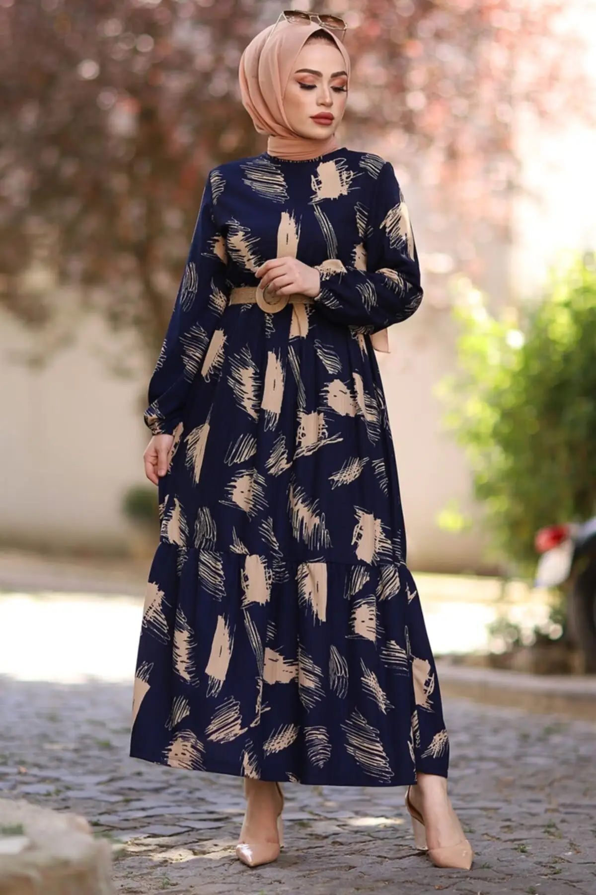 Women's Navy Blue Brush Pattern Kemerli Dress 2023 Model