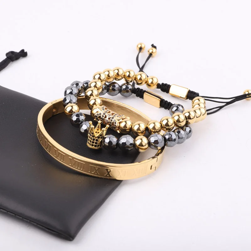 New Design High Quality Hematite Beads 316L Stainless Steel Roman Bangle CZ Pave Crown Charms Bracelet Set Men Jewelry Gift - Image 5