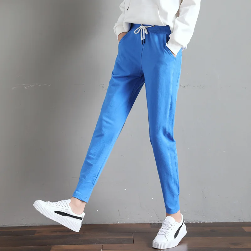 Sweatpants For Women Elastic Waist With Drawstring Lady Trousers Streetwear Pantalones De Mujer Pockets Sashes New Ladies Pants - Цвет: Синий