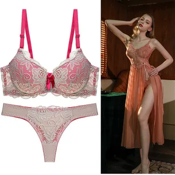 

Sexy Thong Lace Push Up Bra Set Lingerie Women Underwear Sets Intimates Embroidery Floral Plus Size Lace Bra Brief Sets