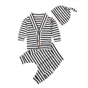 

Spring Autumn Casual Baby Boy Striped Long Sleeve Top And Trousers And Hat Kit Kid Three-piece Outfit Set
