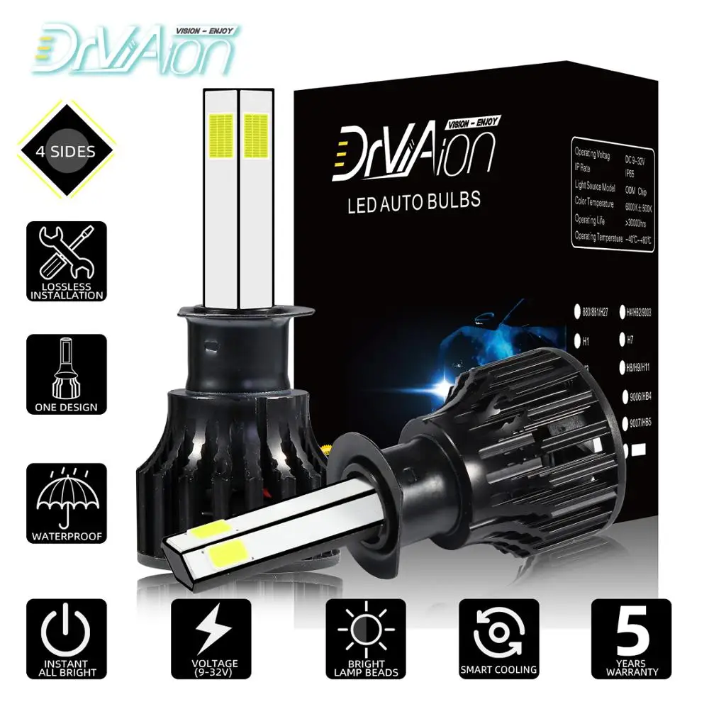 2 шт. H1/H4/H7/H11 H8 H9 9006HB4/9005 HB3 4 боковые лампочки 6000K 12V освещение автомобильное мини
