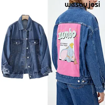 

Za Denim Jacket 2020 Autumn Cartoon Printed Jean Jacket for Women Loose Casual Women Coats Female Outwear Denim Feminine