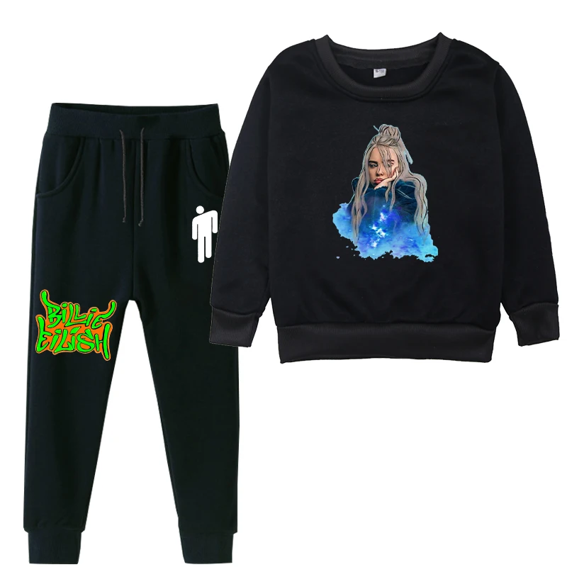 Billie eilish/комплекты спортивной одежды для детей; коллекция года; сезон осень-зима; плотный спортивный костюм с капюшоном для маленьких мальчиков; комплект из 2 предметов; свитер для девочек+ спортивные штаны