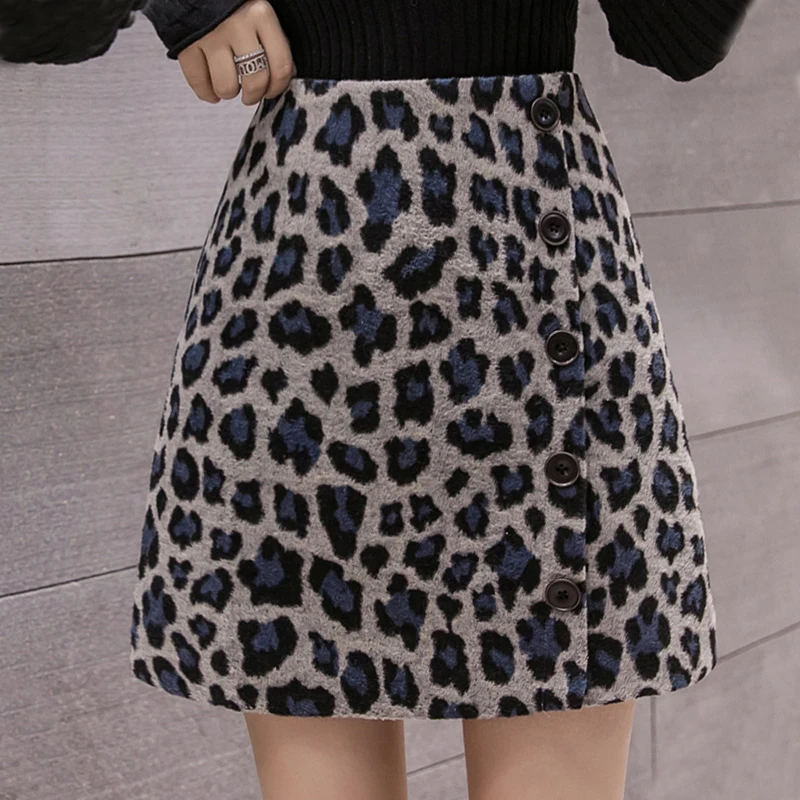 Button A-Line Leopard Office Lady Faldas Mini Skirt Winter Skirt Women Korean High Waist Skirt for Women Skirts 7729 50 - Цвет: Blue leopard