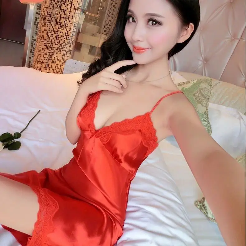 Women Sexy Silk Satin Night Gown Sleeveless Nightdress Lace Sleep Dress V-neck Nighties Night Shirt Fashion Sleepwear Nightwear