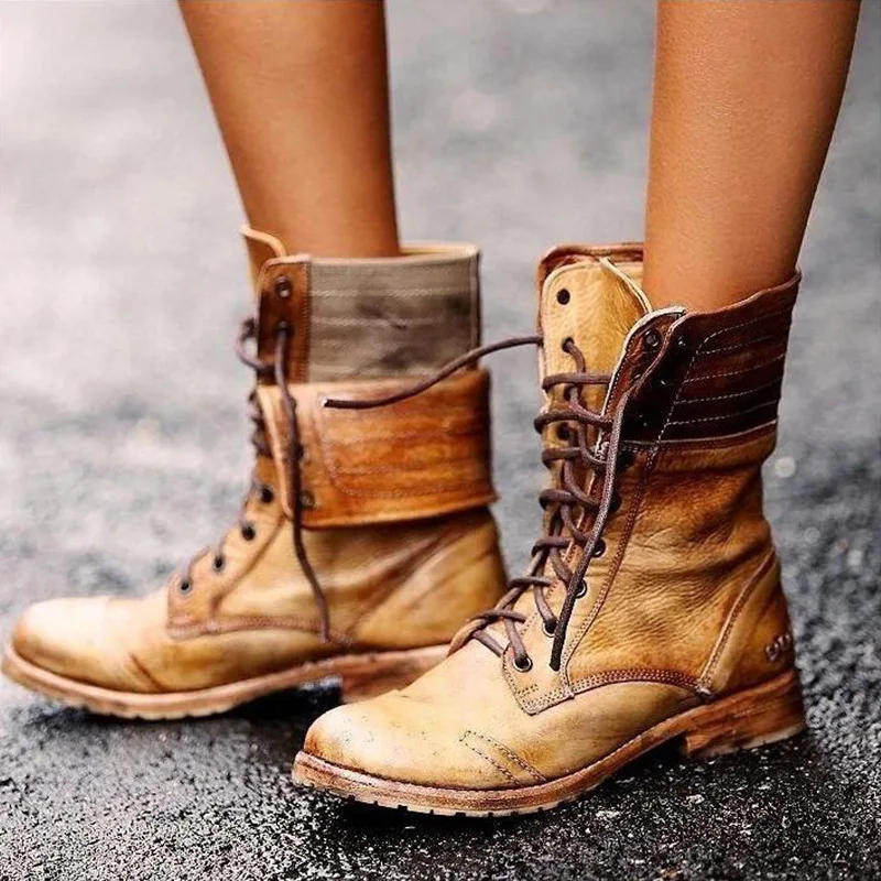 Г. Новые Модные мотоциклетные ботинки женские зимние ботинки Винтажные ботинки до середины икры в британском стиле готичный панк стиль, обувь на шнуровке, большие размеры