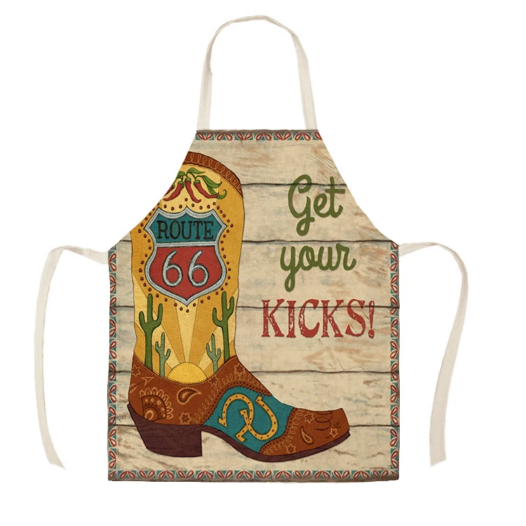 Linen Cowboy Shoes Hat Pattern Print Kitchen Aprons Unisex Dinner Party Cooking Bib Funny Pinafore Cleaning Apron WQC248