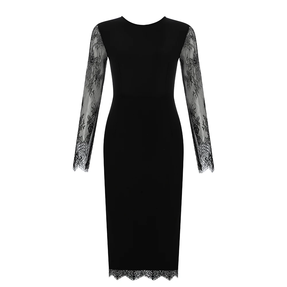 VC Новое модное кружевное лоскутное сексуальное дизайнерское с открытой спиной с длинными рукавами и круглым вырезом праздничное платье-повязка знаменитости - Цвет: Черный
