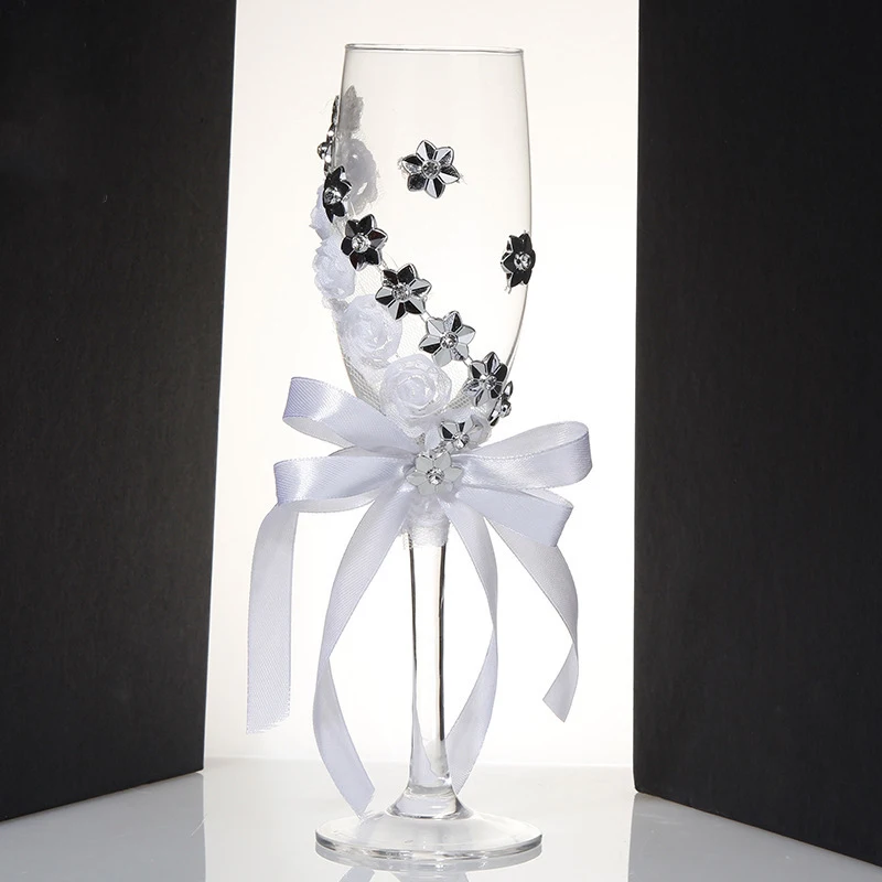 Набор из 2 предметов, свадебное стекло, креативные серебряные цветы, хрустальные свадебные бокалы для шампанского, бокалы для красного вина, бокалы, свадебные украшения