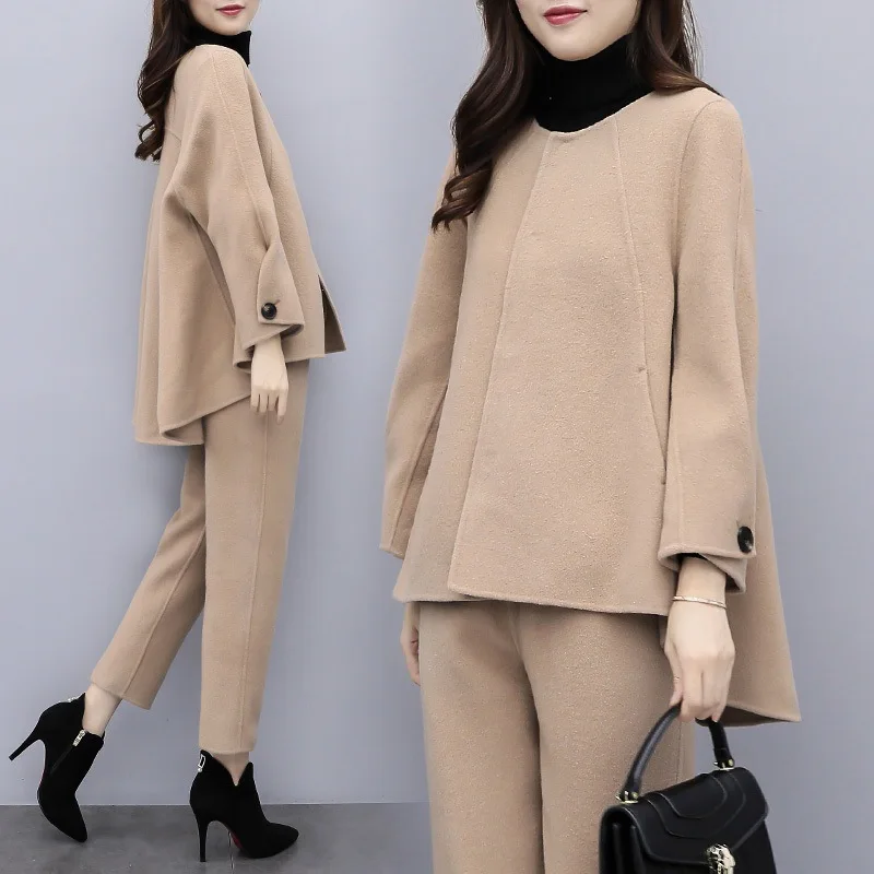 

2019 New Style WOMEN'S Dress Autumn And Winter Large Size Two-Piece Pants Woolen Long-sleeved Upper Garment Capri Pants Casual F