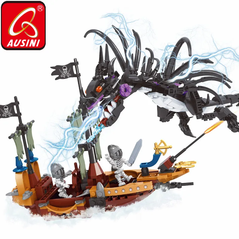 

AUSINI Whirlwind Messenger Building Blocks Dragon Model Toys for Boys Pirate Ship Boat Skull Mini Figures Black Dragon Block Toy