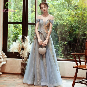 

SSYFashion New Long Evening Dress Banquet Elegant Grey Blue Lace Appliuqes Beading Prom Gown Custom Sexy Formal Dresses Vestidos