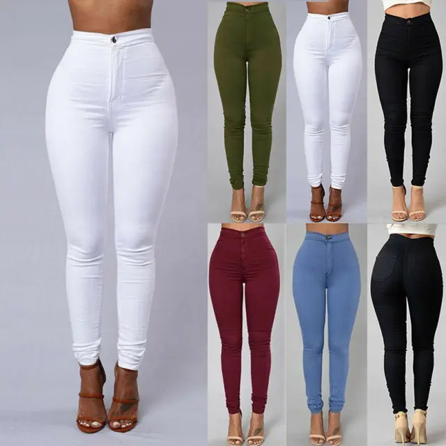 US $6.91 Women Denim Skinny Leggings Pants High Waist Stretch Jeans Casual Solid Female Slim Thin Elastic Lo