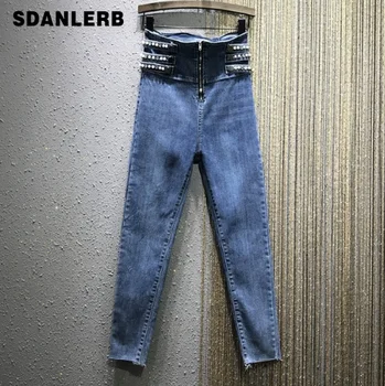 

High Waist Jeans Woman Rhinestone Beaded Jeans Women's 2020 Spring New European Style Stretch Slim-Fit Skinny Pencil Pants Jeans