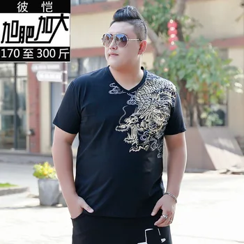 

Men Plus Fat Plus Size Youth England Leisure V Collar Domineering Big Dragon Print Short Sleeve T Shirt Tide