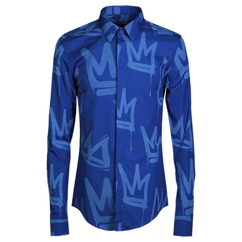 

Minglu Men Shirt Luxury Original Brand Allover Printed Crown Design Mens Dress Shirt Fashion Trend Mens Shirts Casual Slim Fit
