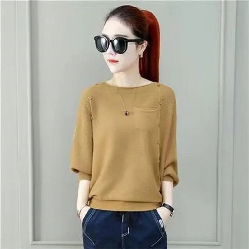 

Sweater women loose casual autumn and winter clothes new solid color knit sweater long-sleeved bottoming shirt bat shirt topA350