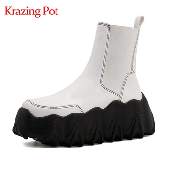 

Krazing pot flat platform genuine leather square toe Chelsea boots simple style young lady slip on convenient ankle boots L15