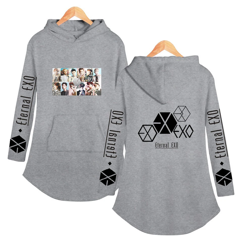 EXO Ablum Толстовка негабаритных женщин асимметричный подол воротник пальто Повседневный корейский стиль Женский сексуальные свитшоты верхняя одежда Уличная