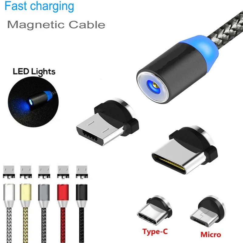 

Magnetic USB C Micro USB Cable For Samsung A8 A9 2018 S10 LED Type C Charger Micro USB Nylon Data Cable For Xiaomi Huawei