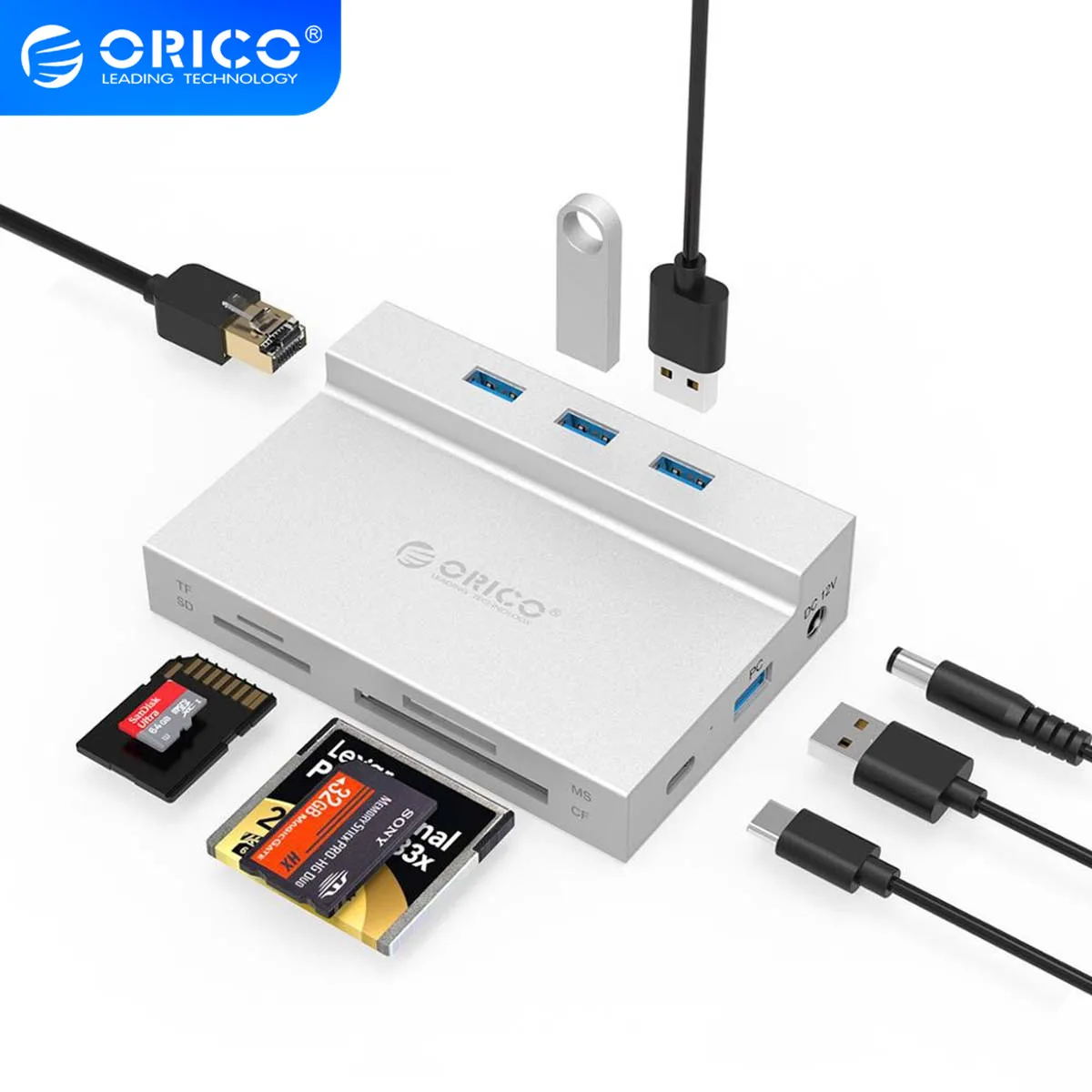USB 3 0 концентратор ORICO для нескольких RJ45 SD/TF/MS/CF разветвитель типа C кардридер док
