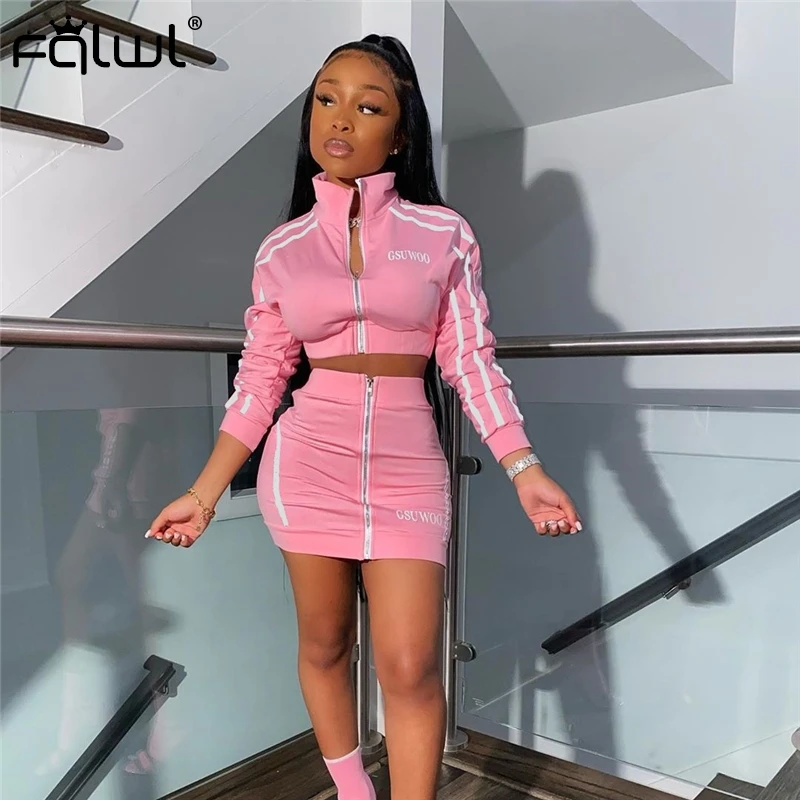 FQLWL-Conjunto de dos piezas para mujer, traje para discoteca con falda, chándal a juego, color rosa neón, 2 partes, verano