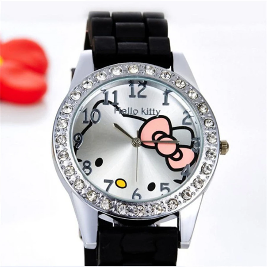 Женские часы hello kitty, милые Мультяшные Детские кварцевые наручные часы Hodinky Relogio, силиконовые женские часы с кошкой - Цвет: Черный