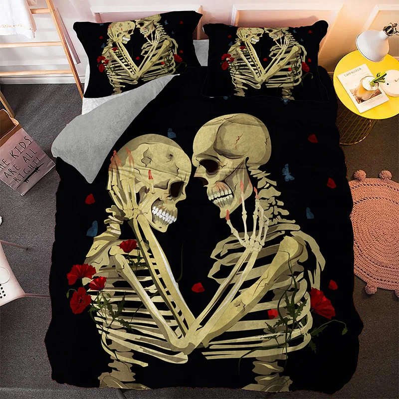 

Halloween Skeleton Rose Bedding Set Duvet Cover Home Textile Bedspread 3pcs Large Size Bed Set