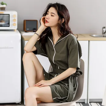 

2020 Hot Women Night Dress Nightgown Fashion short Sleeve Sleepwear Women Sleepshirt zipper belt Pajama Dress Nightdress